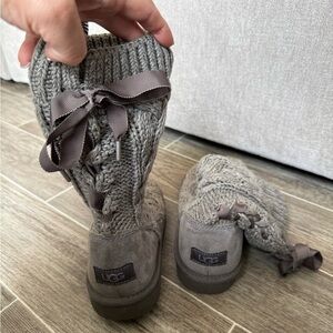 UGG Women's Grey Knit Suede Short Boot with Ribbon Back